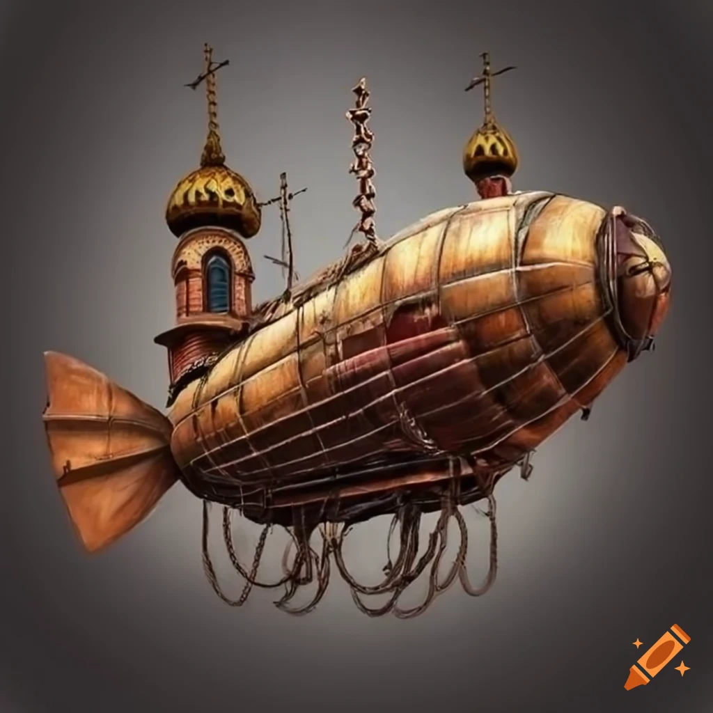 Steampunk airship attached to an orthodox church hanging from ropes in a dystopian setting