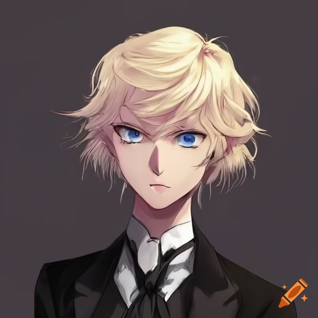 Anime character in formal dark attire with striking androgynous features