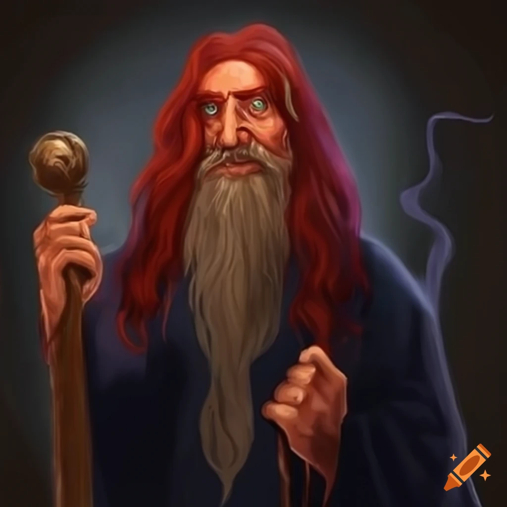 Wise old wizard with blue cloak and maroon hair holding a staff