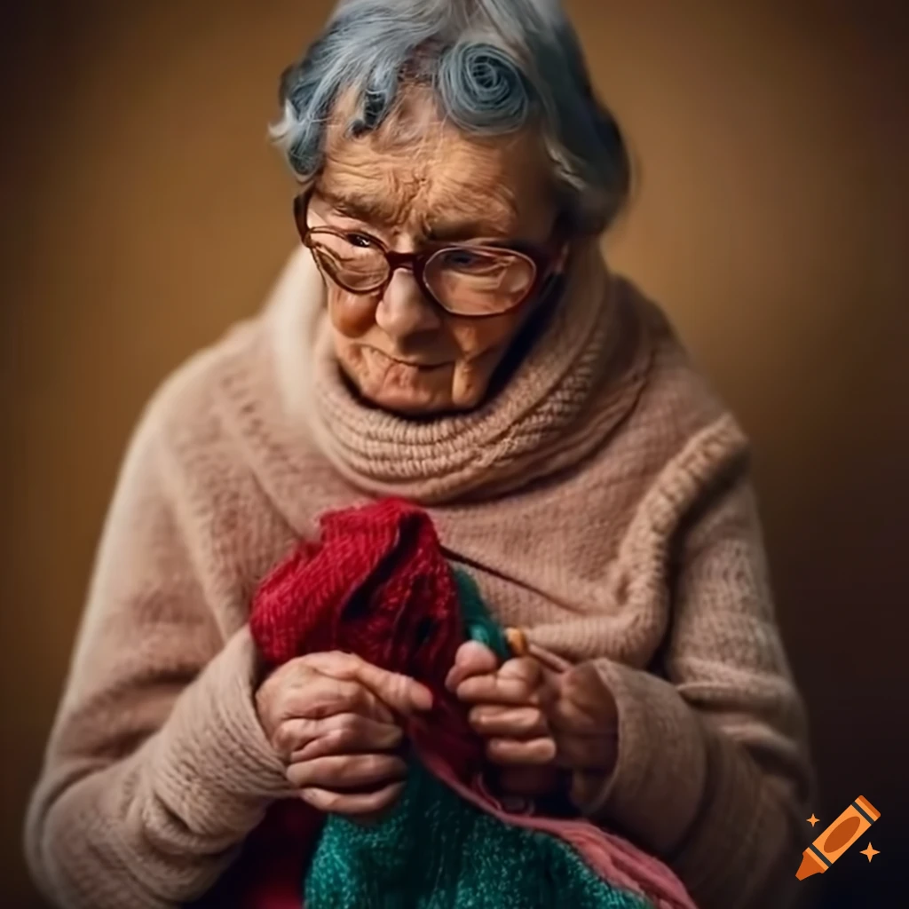 Elderly woman knitting a scarf with her grandchild watching