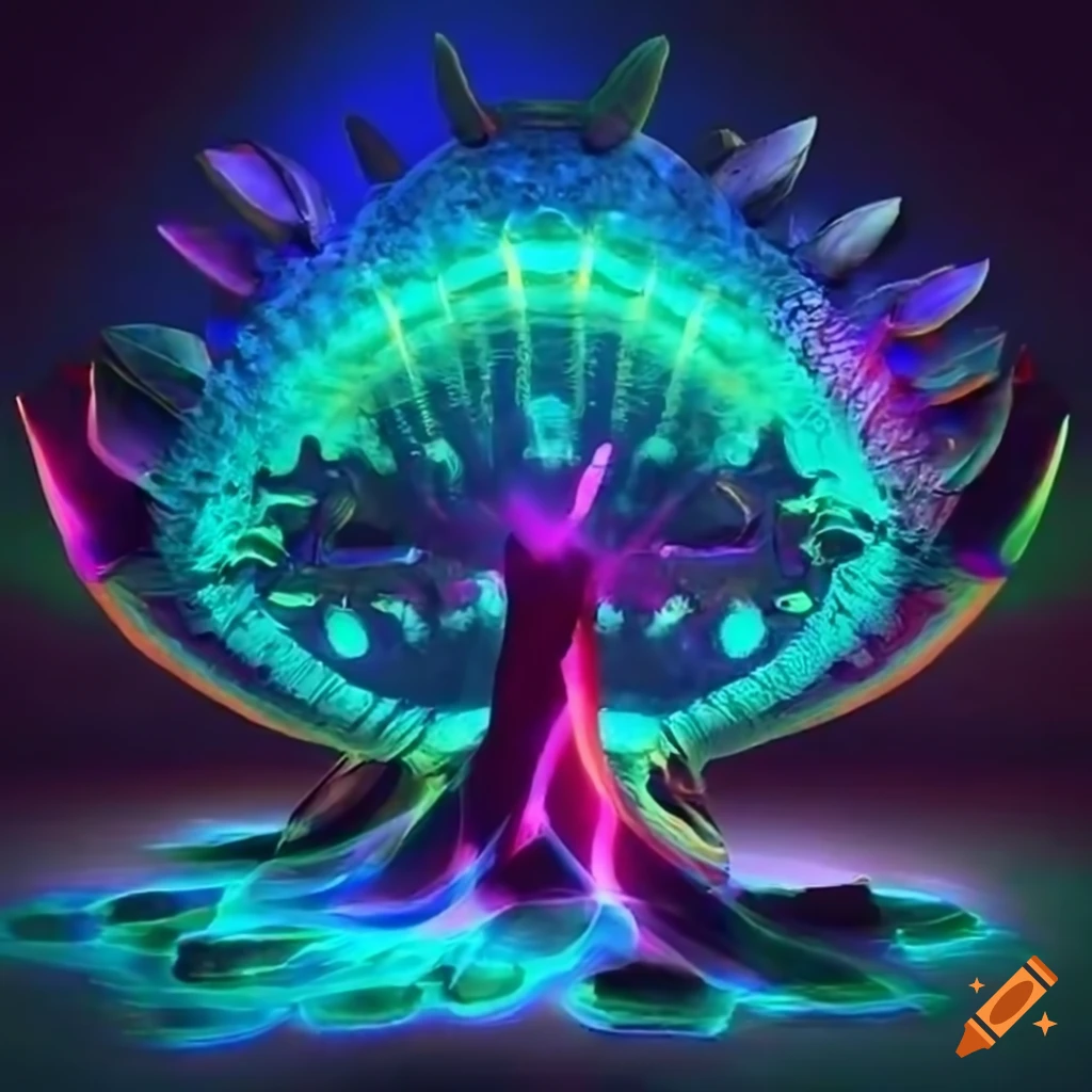 Biopunk paradise with glowing bioluminescent trees in a surreal forest