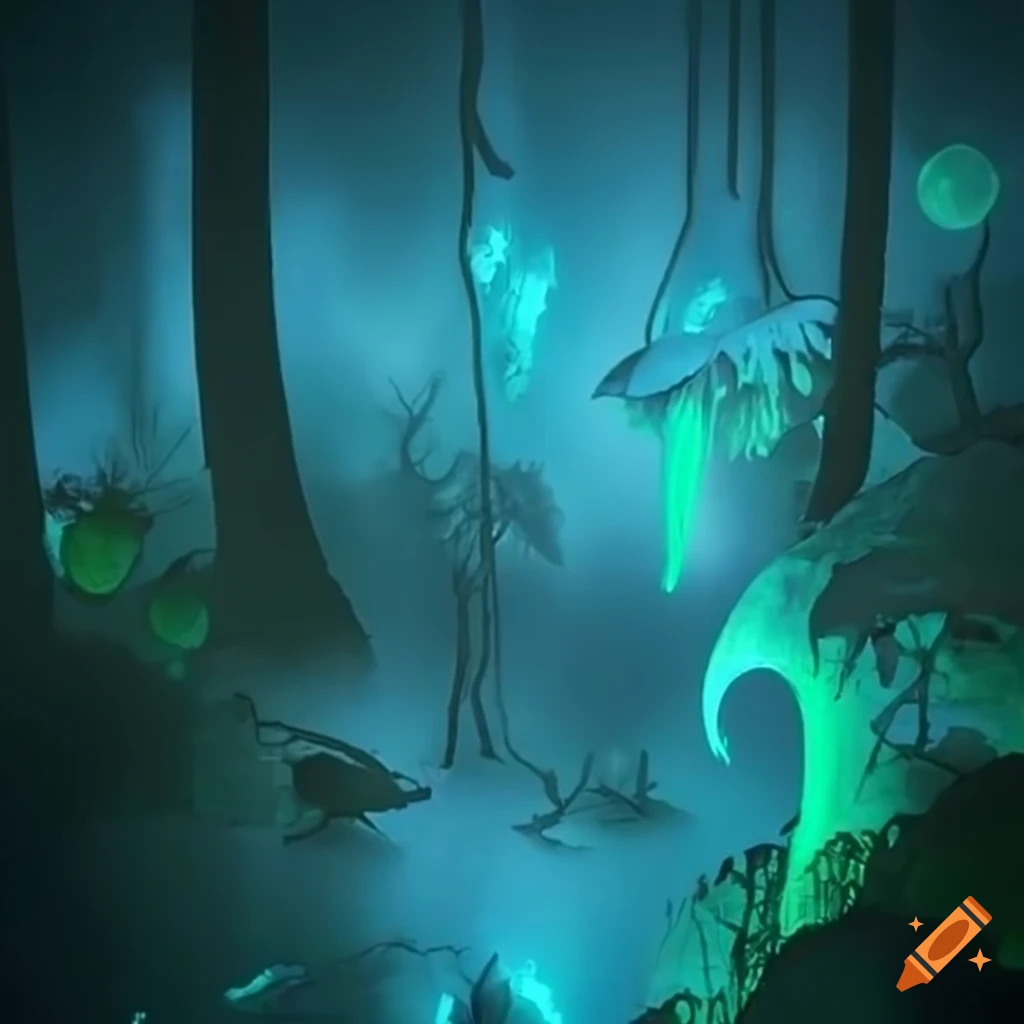 Surreal biopunk forest where nature and technology merge with glowing trees