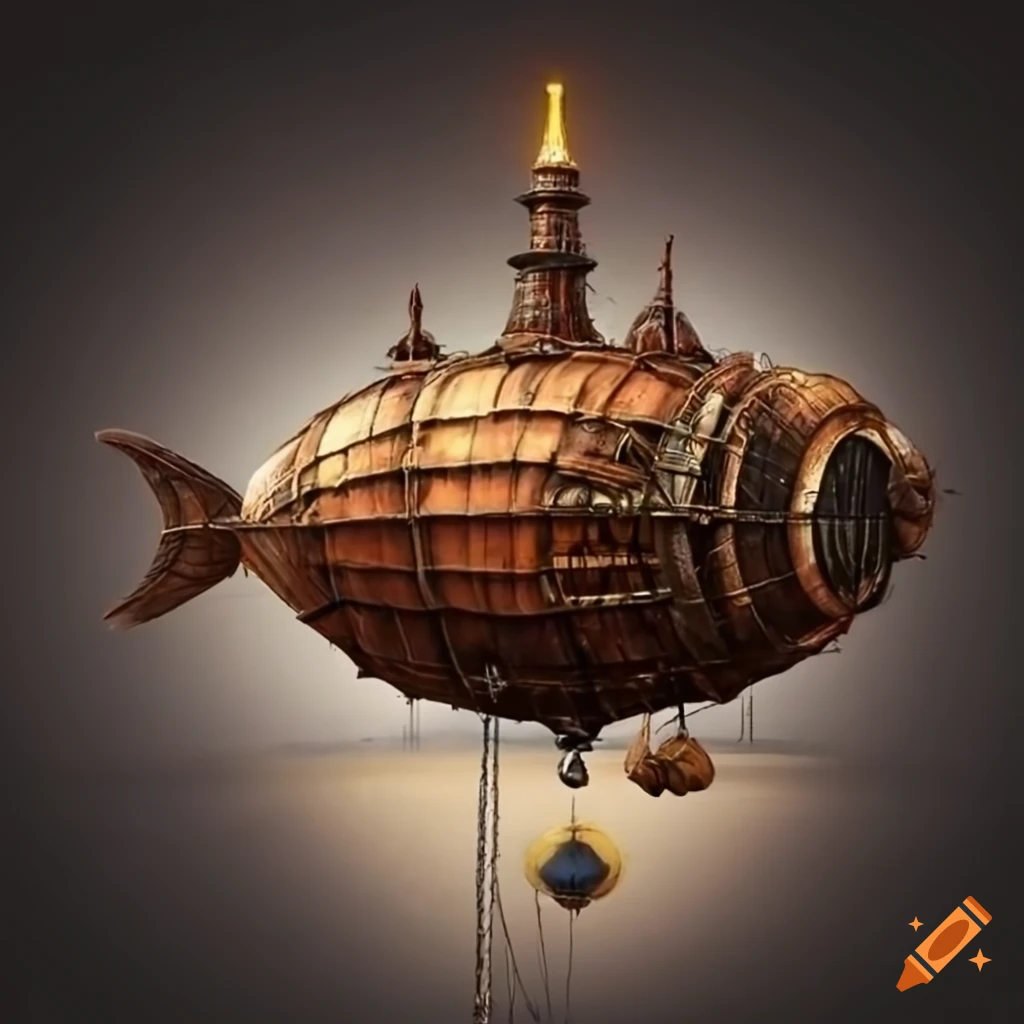 Steampunk dystopian airship attached to an orthodox church