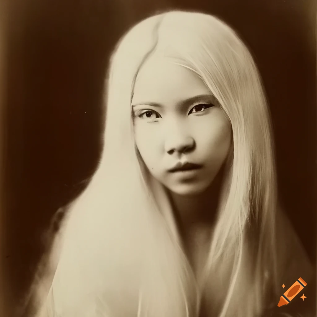 Japanese albino with very long white hair in an ethereal portrait