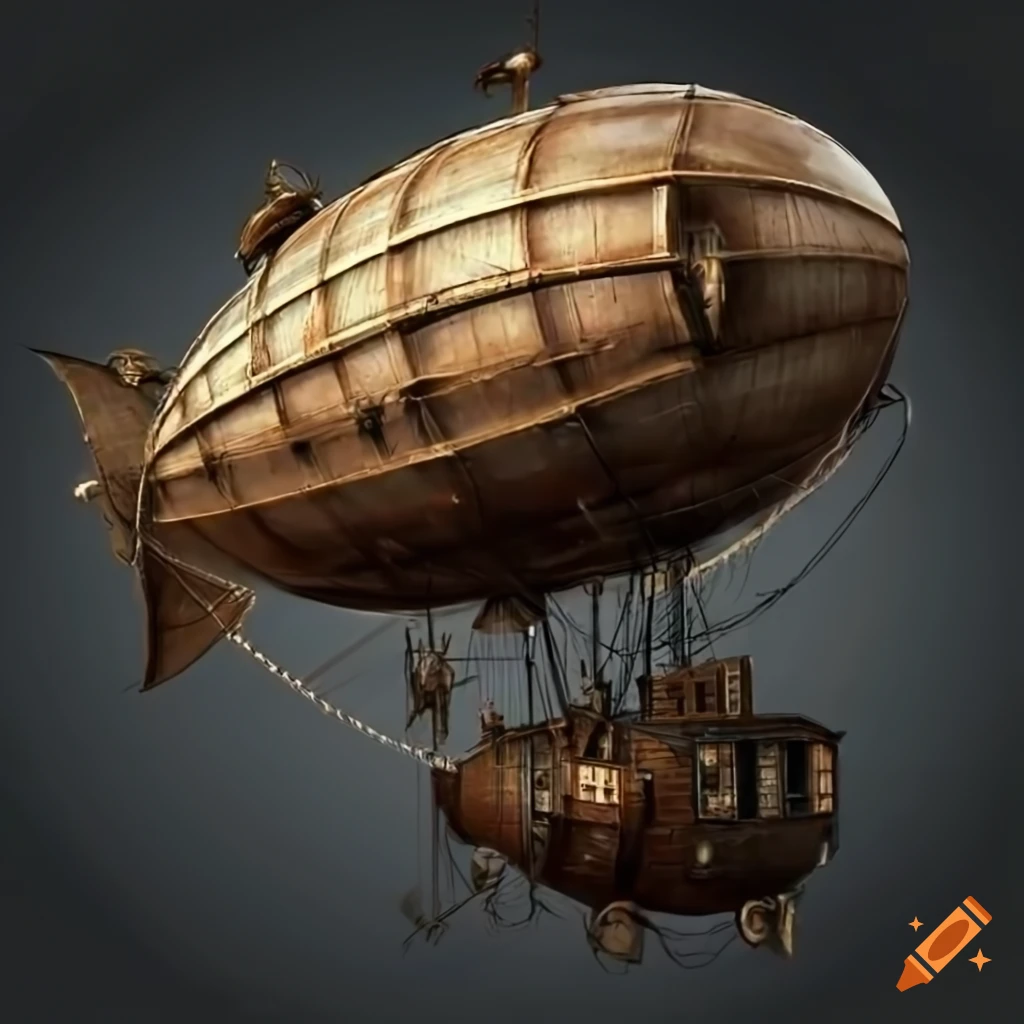 Steampunk dystopian airship with nautical cabin and rowdy pirates with swords