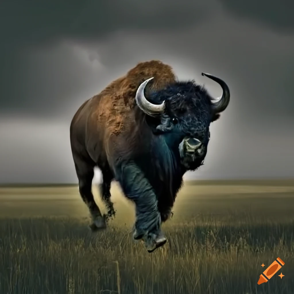Buffalo running in a stormy field
