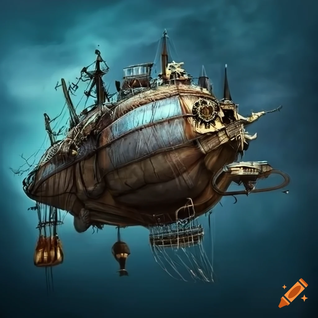 Steampunk dystopian airship with nautical cabin and rowdy pirates with swords