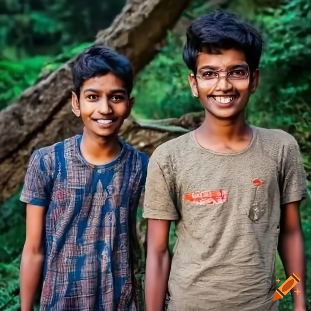 Two friends in a small village smiling and happy