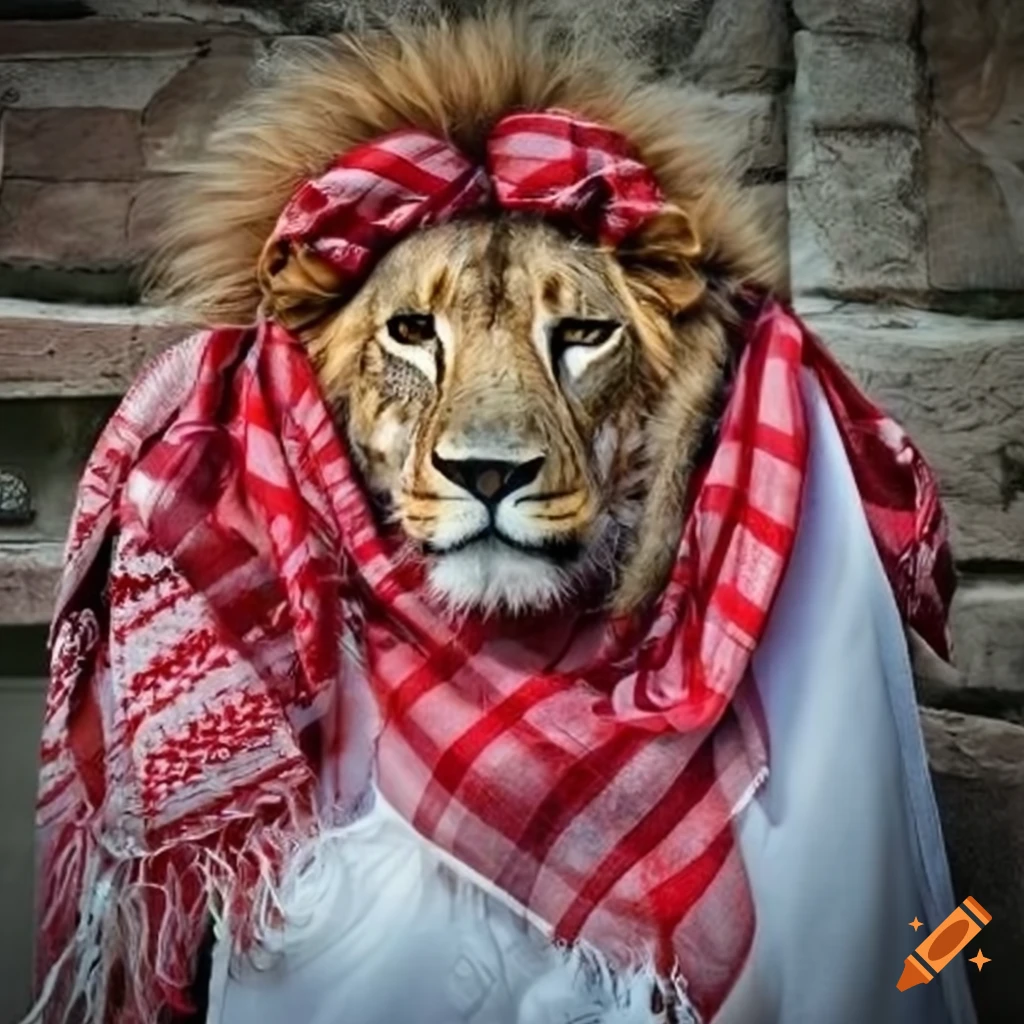 Lion head wearing a red keffiyeh