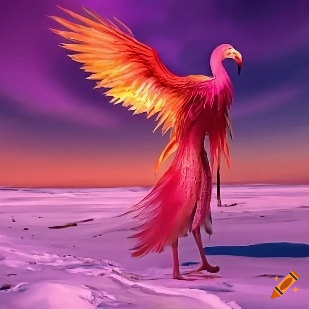 Fantasy scene with phoenix bird, flamingo man, and violet-robed man in ...