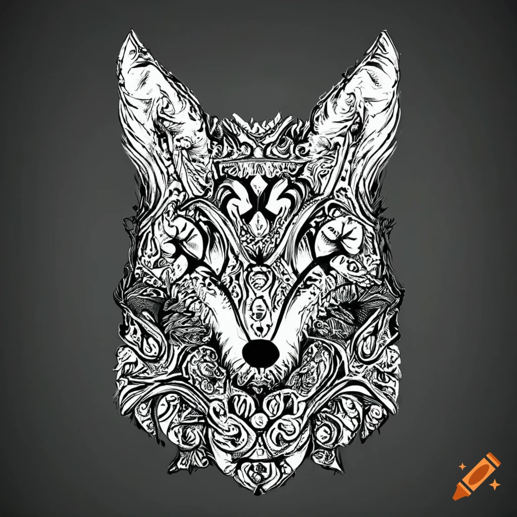 Black and white illustration of a fox with tribal patterns on its head