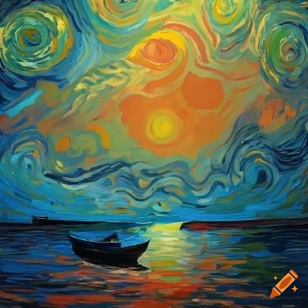 Van Gogh-style painting of a man in a boat on a tranquil ocean with swirling orange sky