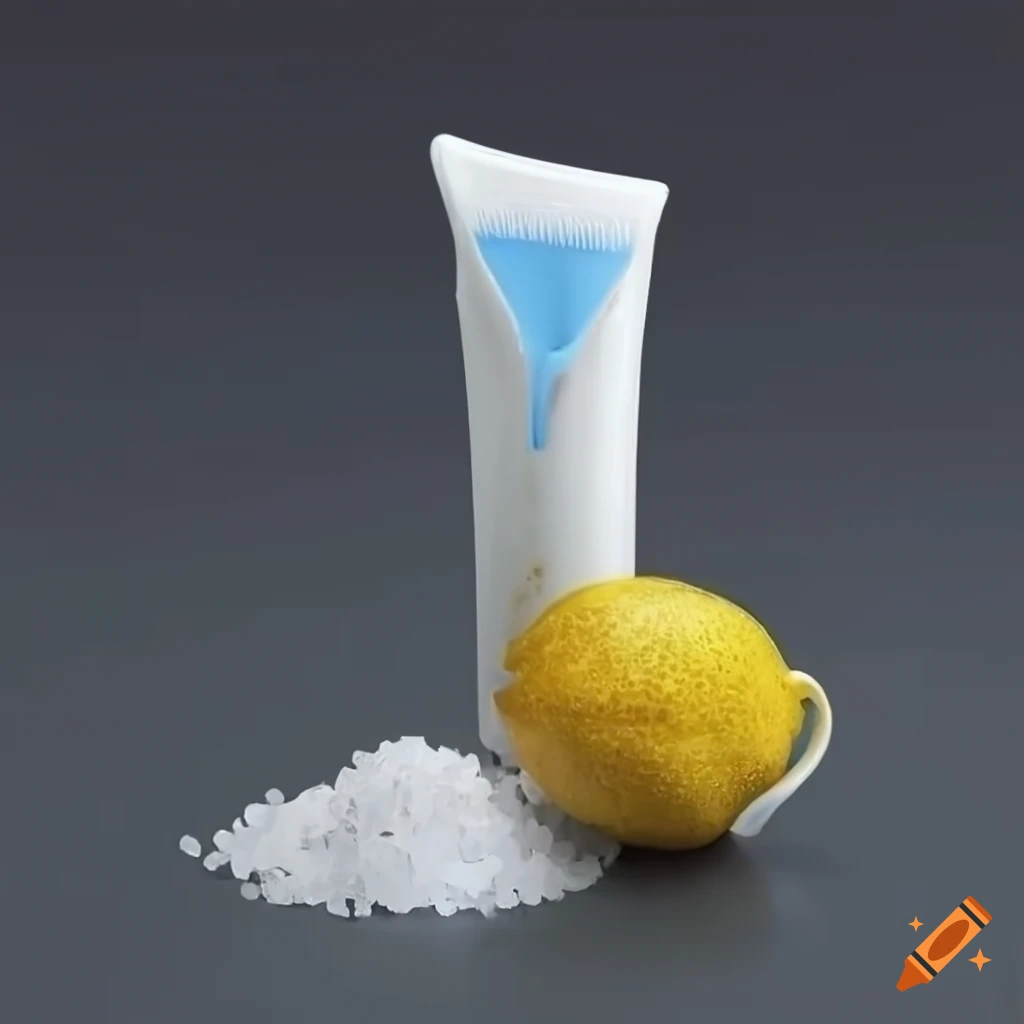 Toothpaste tube next to cup of salt and lemon fruit