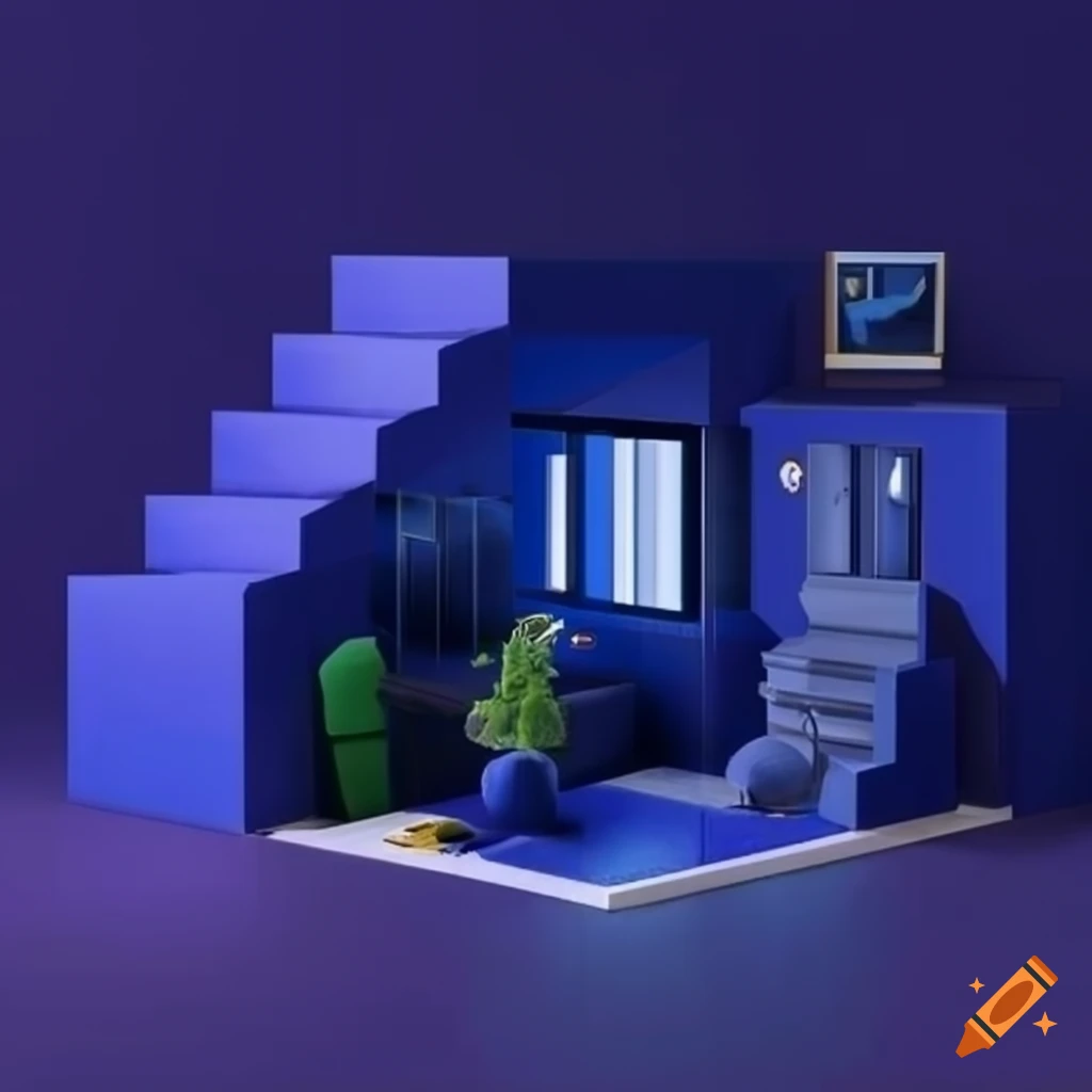 Isometric cozy cube room with a lounge area and stairs in earthtone ultramarine colors