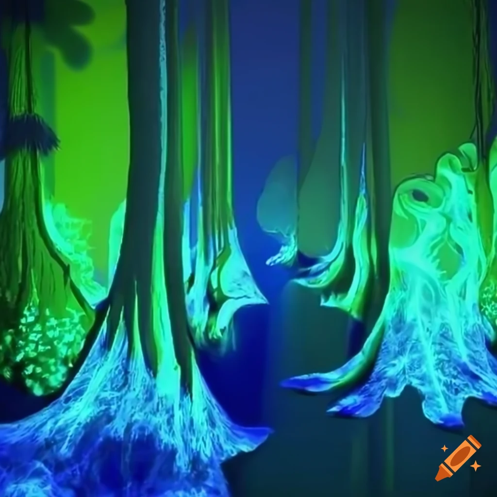 Biopunk paradise with glowing bioluminescent trees in a surreal forest