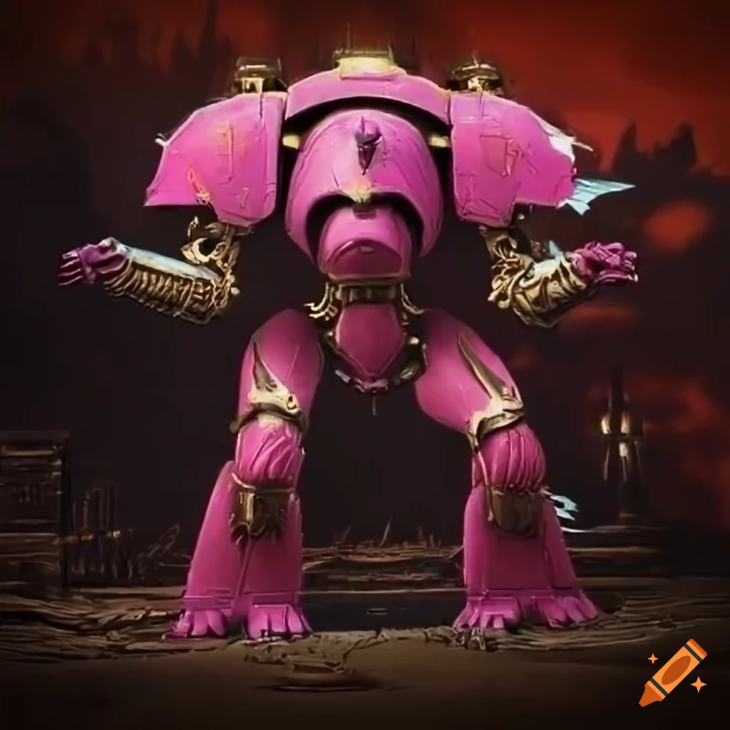 Airbrush rendering of Barbie Warhammer Titan with accompanying Reaver Titans on a sci-fi battlefield