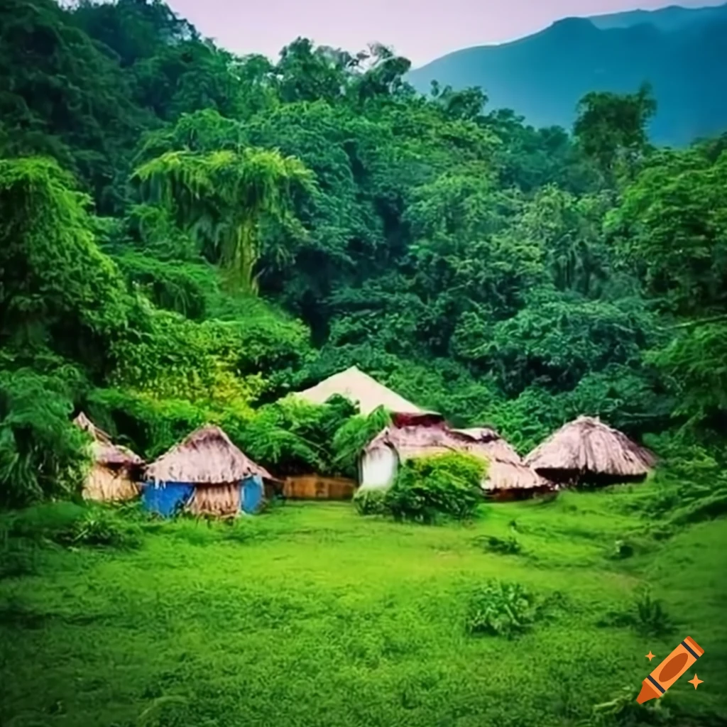 Tranquil village scene with 'Riya-Shyamdas' billboard over huts