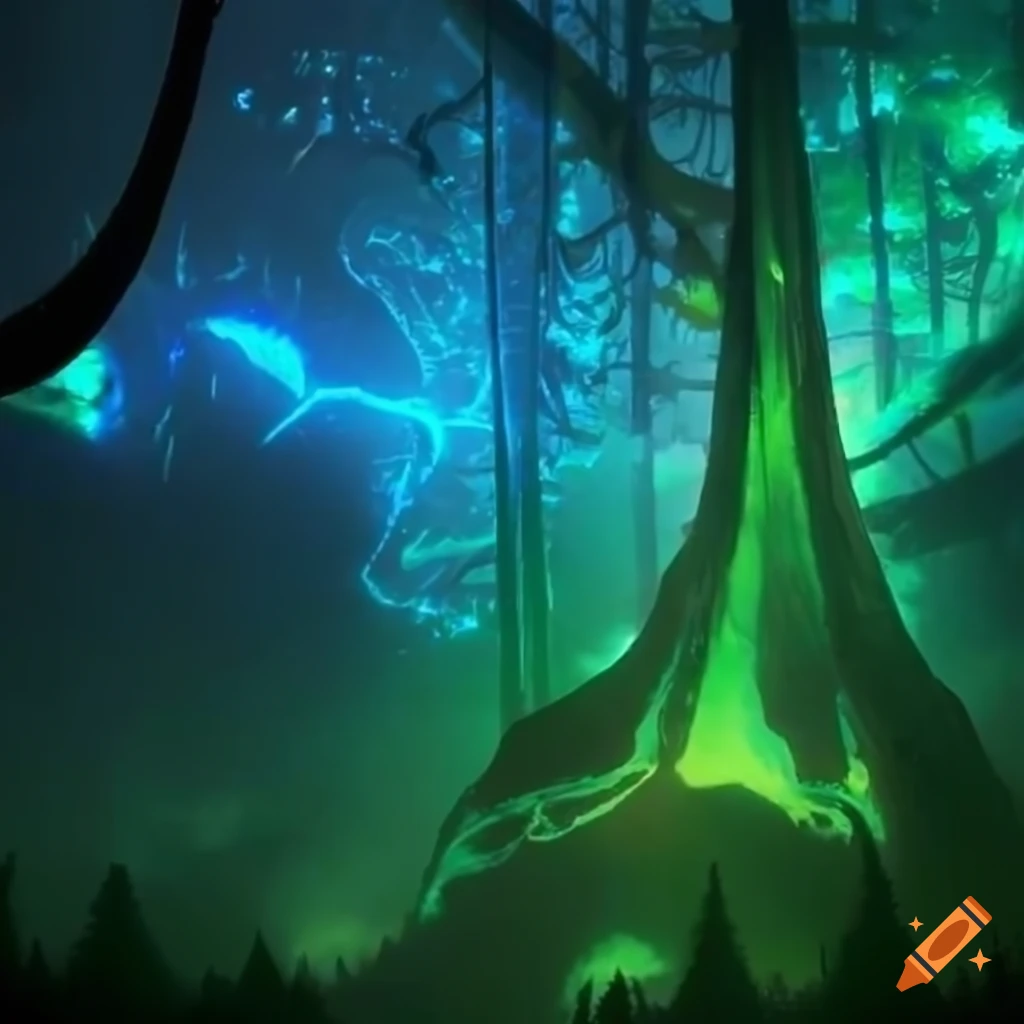 Biopunk paradise with surreal forest merging nature and technology