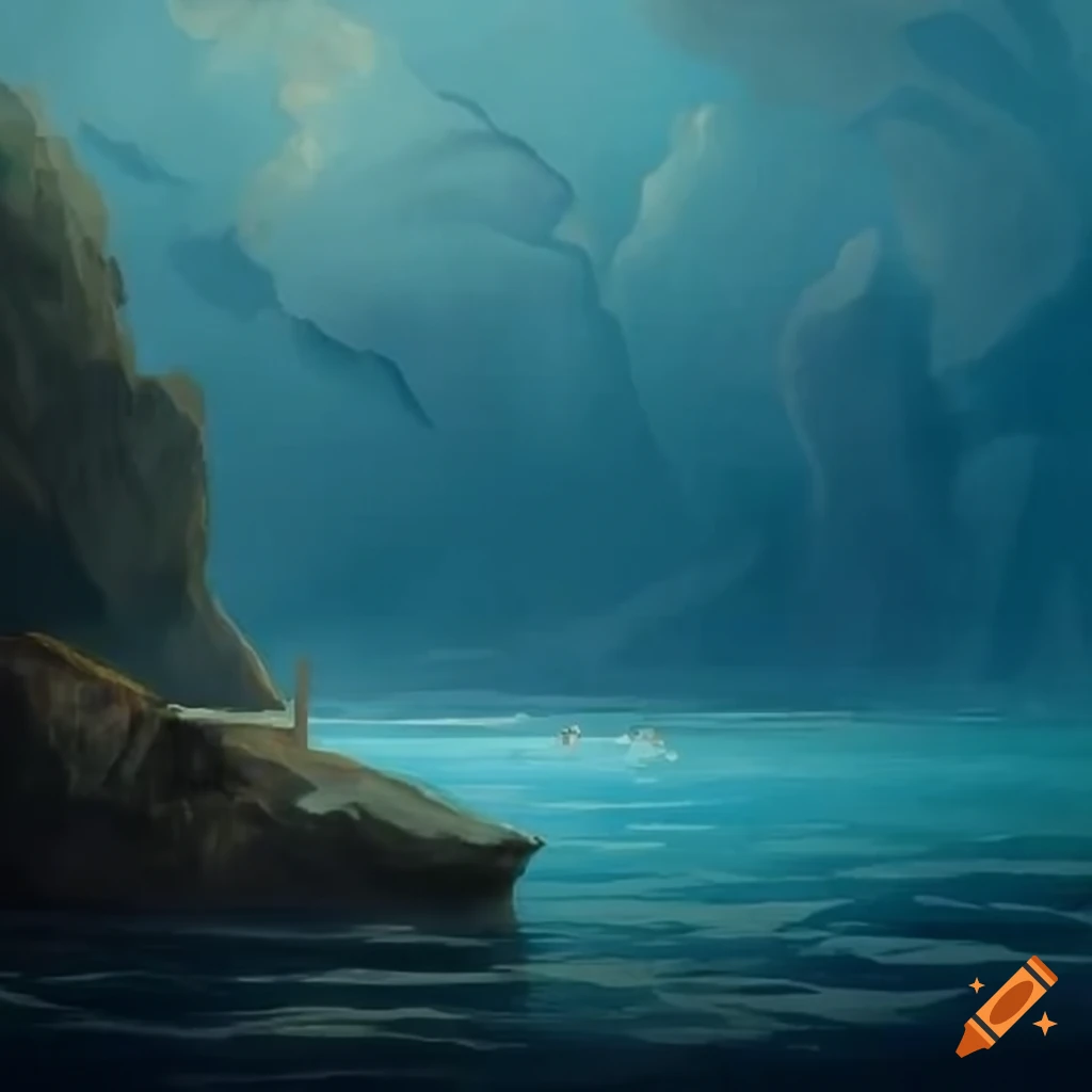 Odysseus and crew sailing towards misty rocky island on calm sea