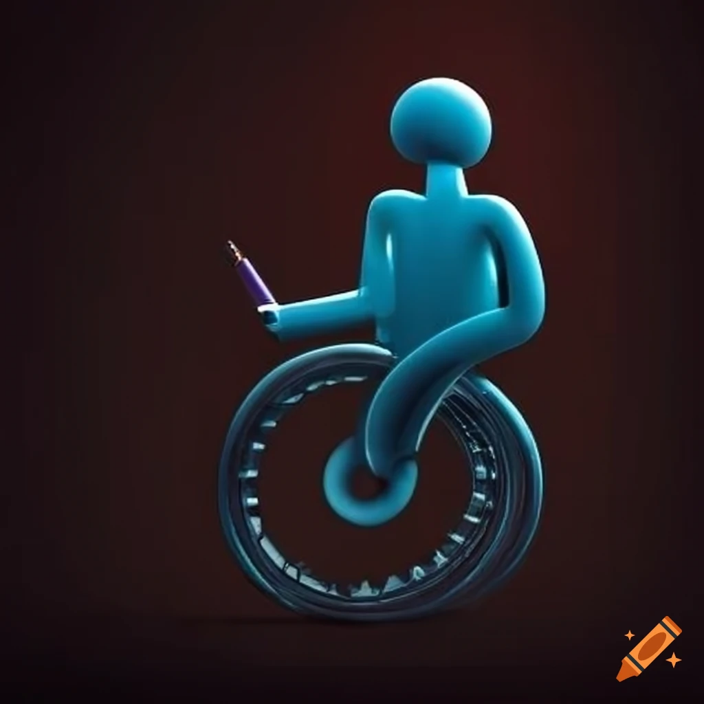 Empowering wheelchair symbol holding a pen and appearing thoughtful