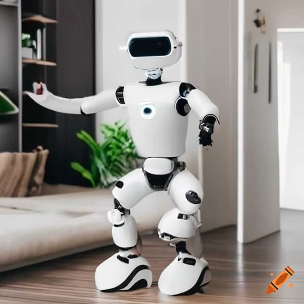Stylish AI robot in a modern home performing tasks