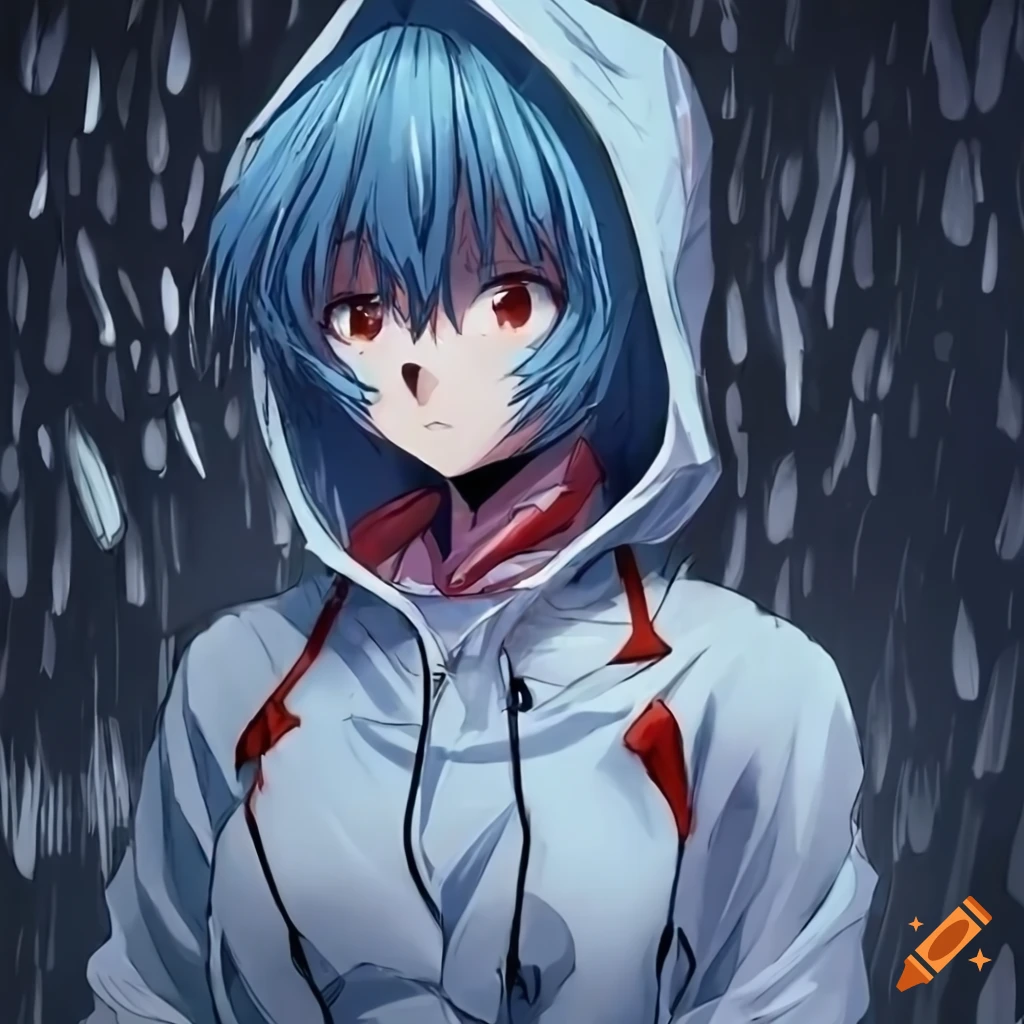Rei Ayanami in a hoodie standing in the rain