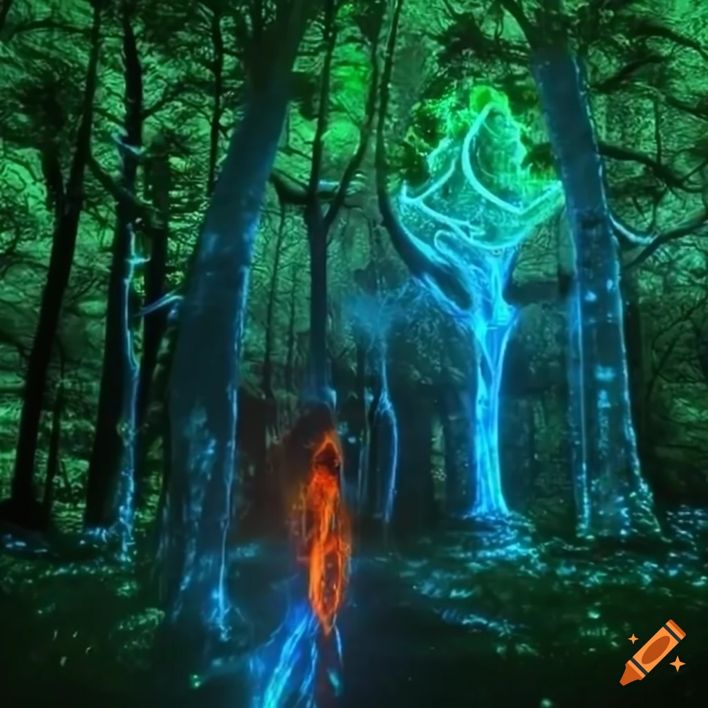 Biopunk paradise with surreal forest merging nature and technology