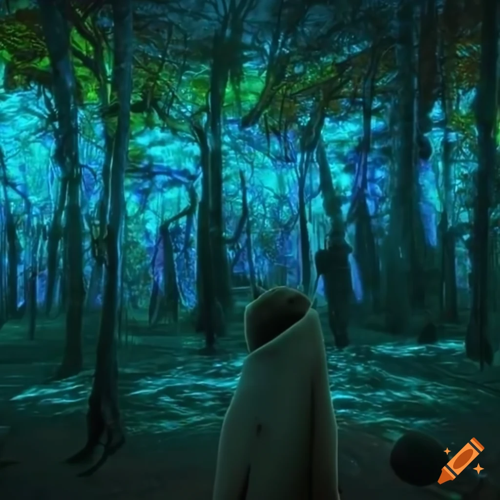 Biopunk paradise with glowing bioluminescent trees in a surreal forest