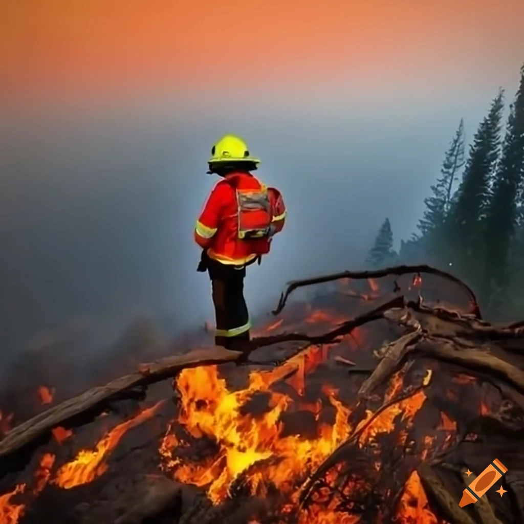 Fireman on cliff observing forest fires with sky in the background