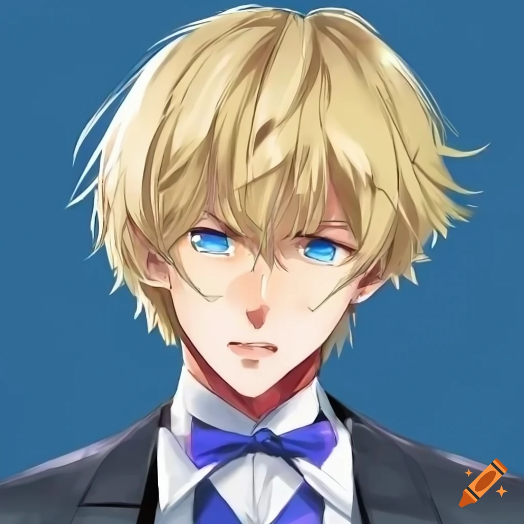 Striking anime character in formal attire with androgynous features, short blonde hair, and blue eyes