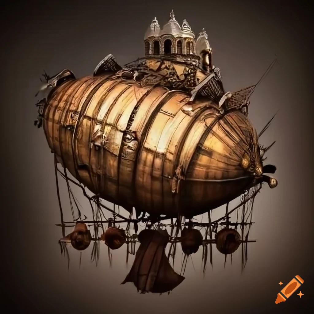 Steampunk airship attached to an orthodox church hanging from ropes in a dystopian setting