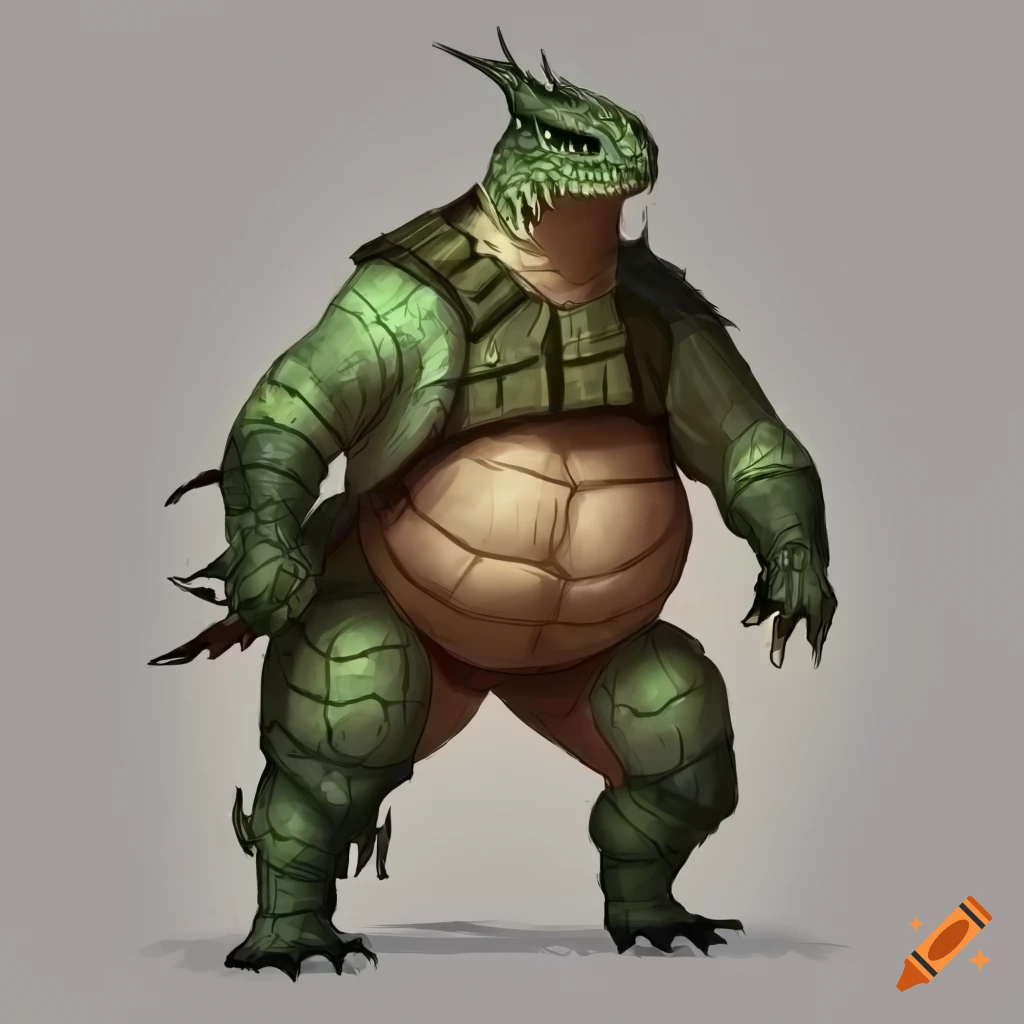 D&D character: Obese half snapping turtle half dragon humanoid with military gear
