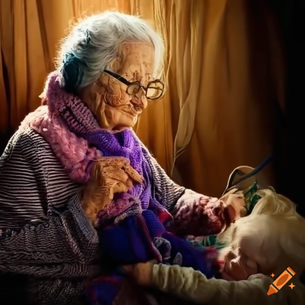 Elderly woman knitting a scarf with her grandchild watching