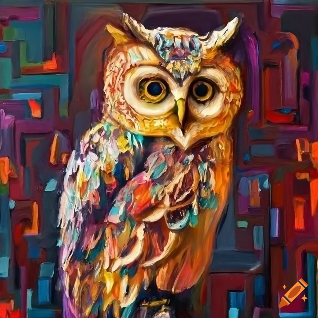 Vibrant acrylic oil painting with thick relief strokes of the Owl of Minerva