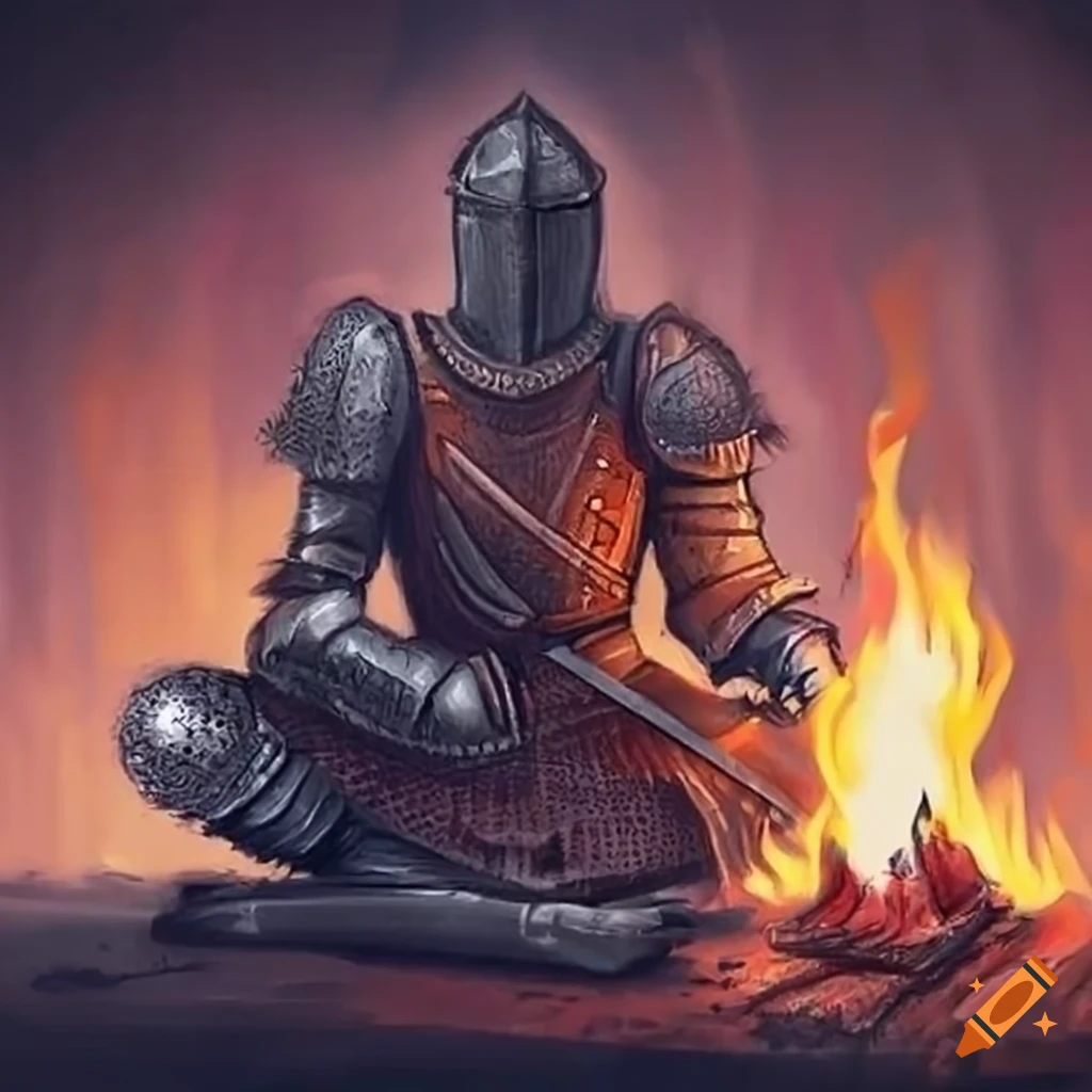Knight sitting by a campfire