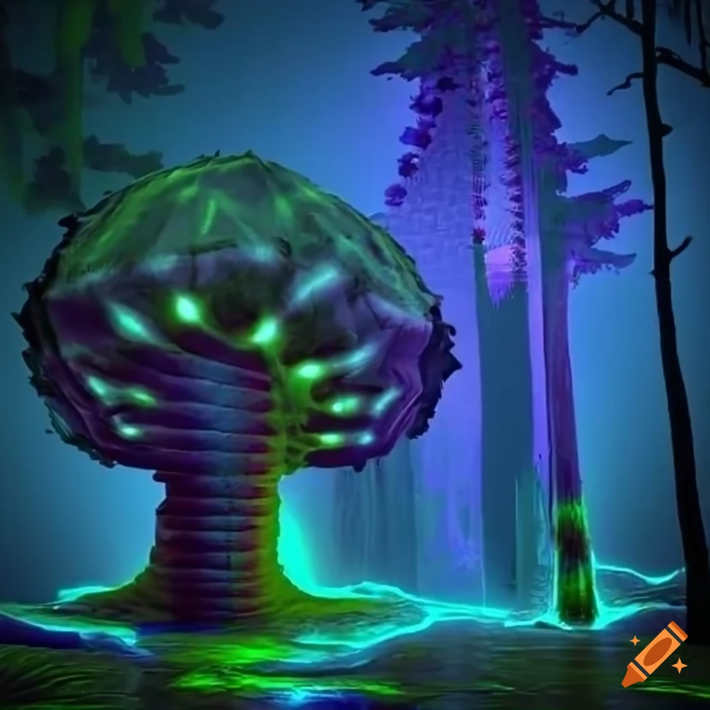 Surreal biopunk forest where nature and technology merge with glowing trees