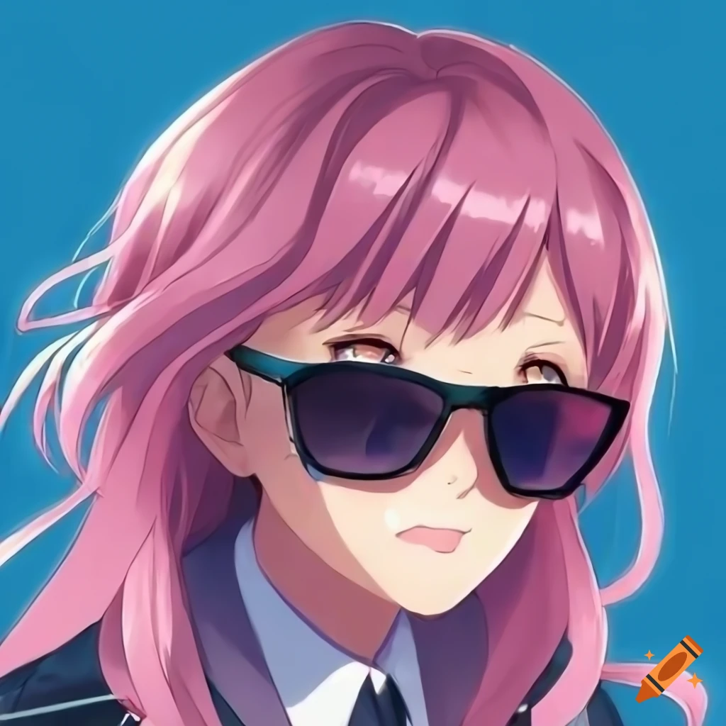 Cool anime schoolgirl with shades and pink long hair on blue background