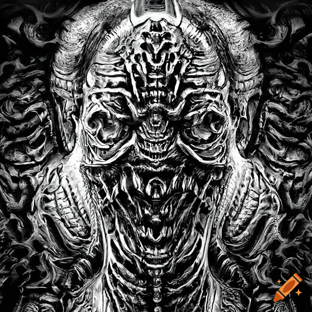 Mind-bending H.R. Giger style black and white artwork with strange creature