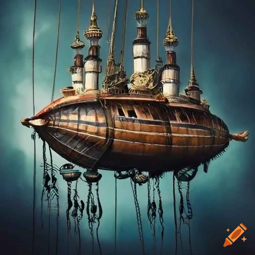 Steampunk airship connected to an Orthodox church in a dystopian setting