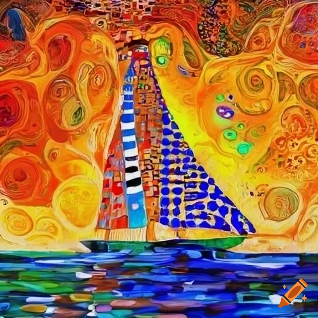 Artistic depiction of sailing in Gaudi and Klimt style with vivid colors