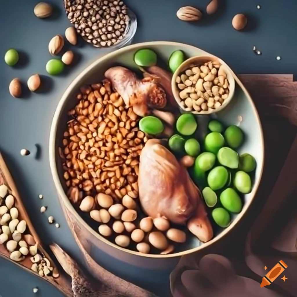 Protein-rich foods on a plate: poultry, beans, peas, seeds, nuts, fish, and soy products