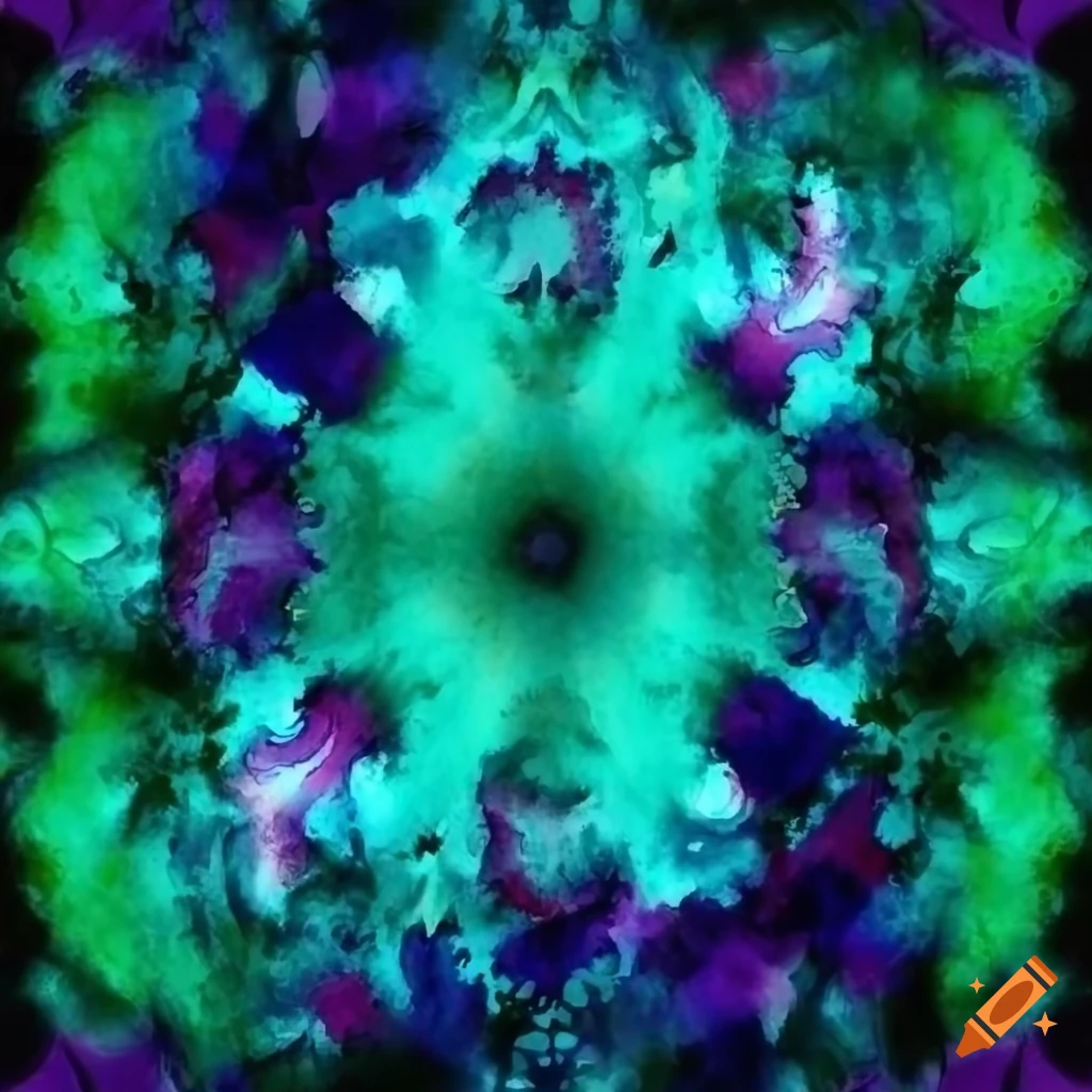 Symmetrical fiery background with turquoise, green, and purple flames in watercolor