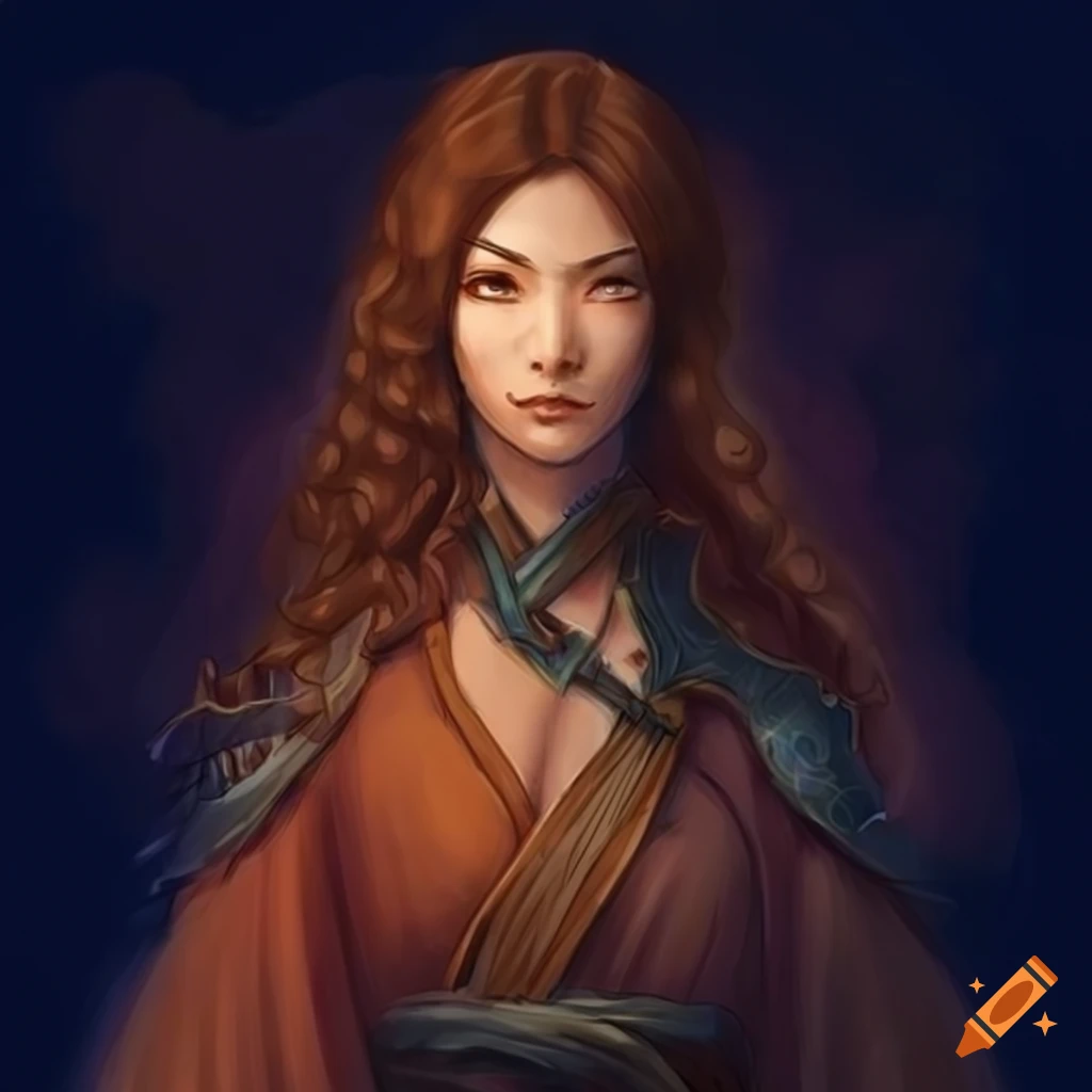 Asian sorcerer with long brown hair in fighting attire in a fantasy illustration