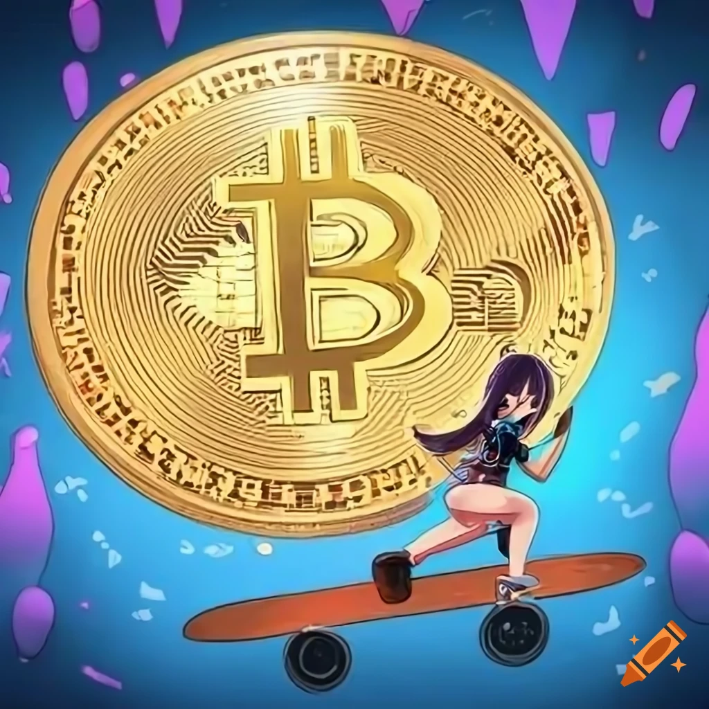 Anime girl with Bitcoin t-shirt riding a Bitcoin skateboard with Ethereum  symbol characters on Craiyon