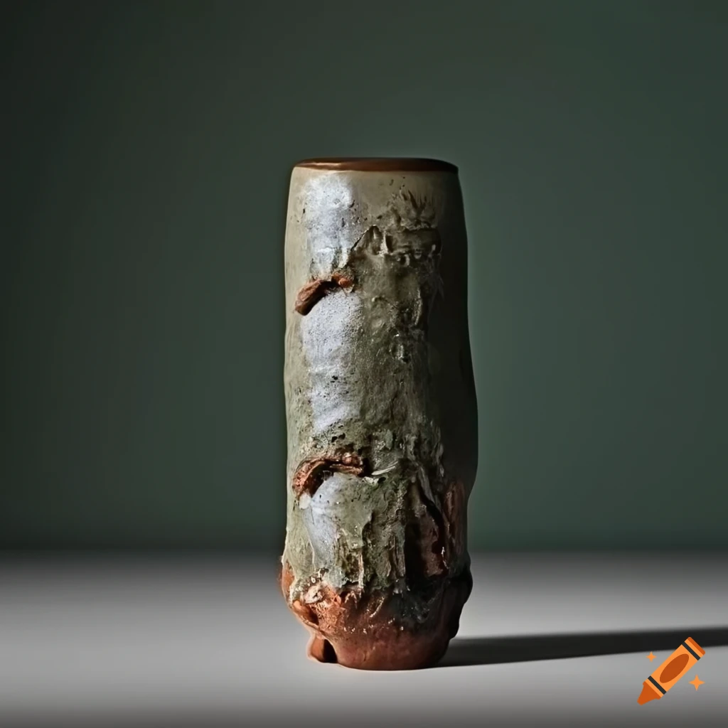 Dark green burnt clay cylinder with crocodile ash glaze and quartz crystals