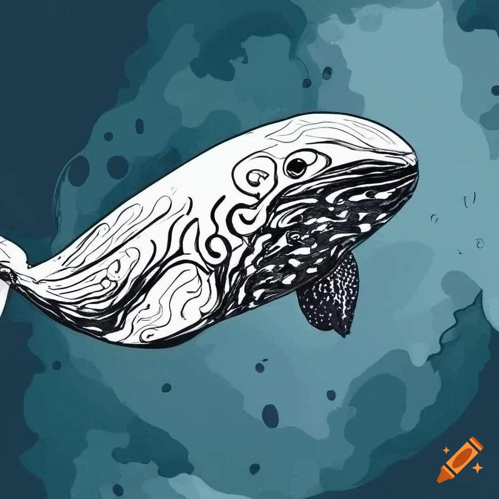 Whale in black and white with swirl motifs