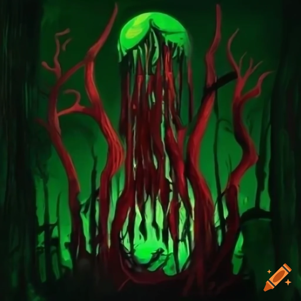 Illustrated logo featuring heavy metal sticks in a creepy forest by the lake under the moonlight
