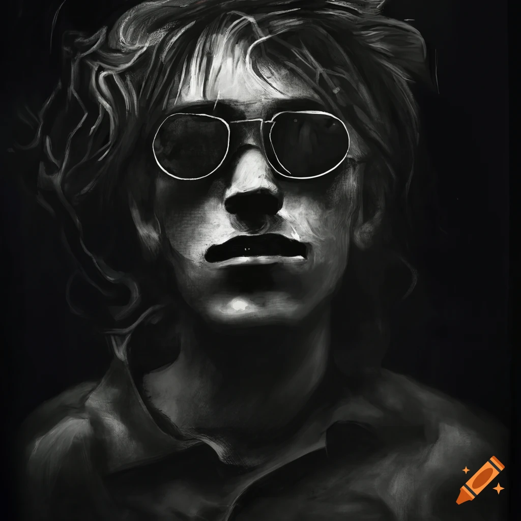 Intricate woodcut portrait of a young man with long hair and sunglasses smoking a cigarette