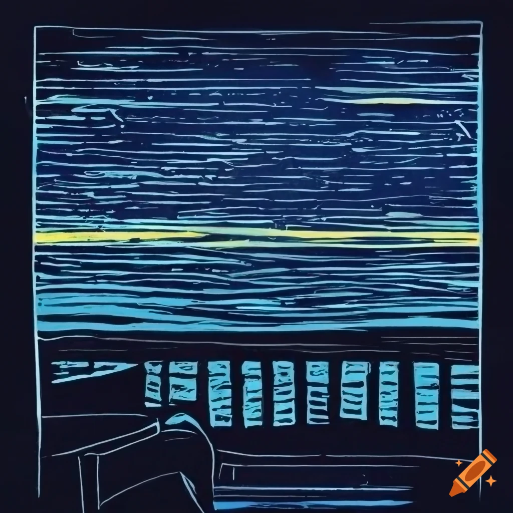 Balcony overlooking ocean in the rain at night with navy/black color scheme