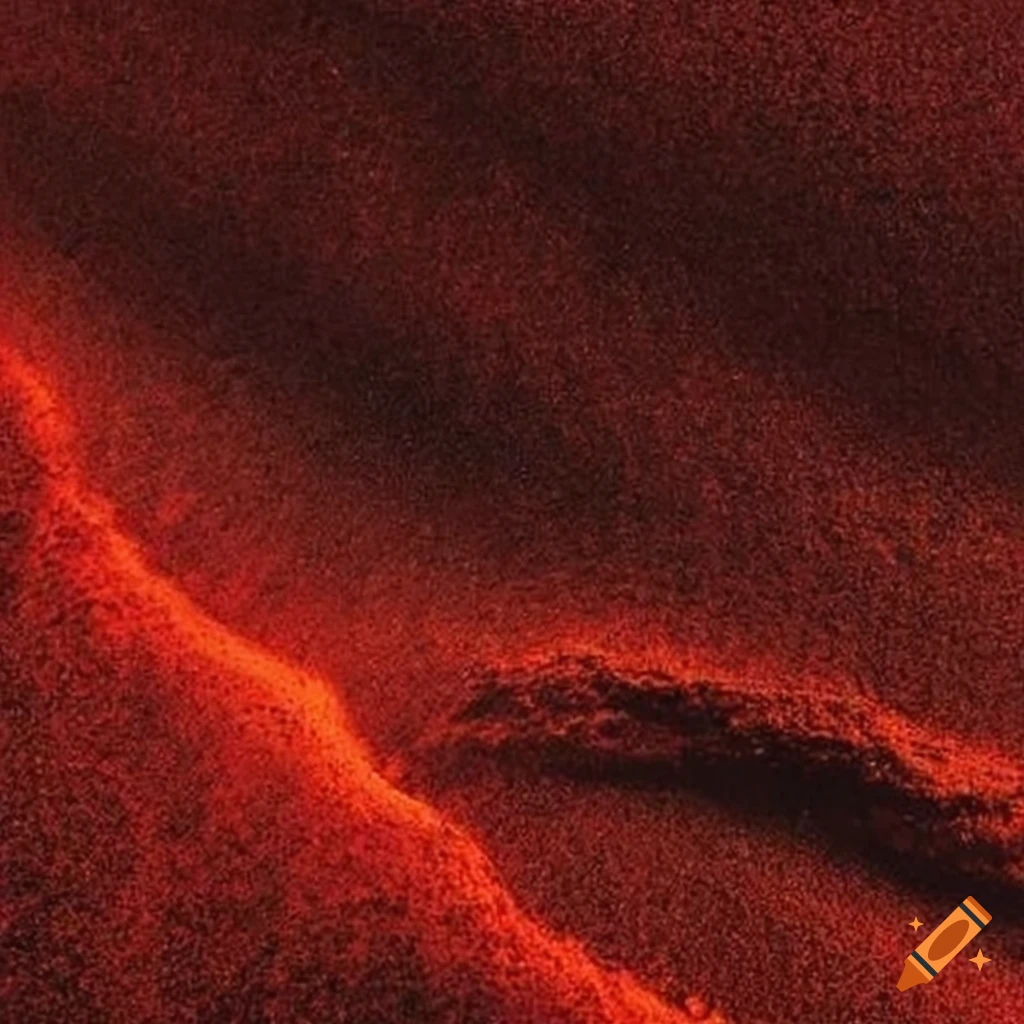 Red waves crashing on black sand during a thunderstorm